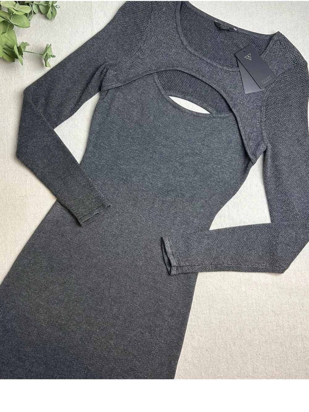 Guess Size XS/S Long Sleeve Peek A Boo Sweater Dress Charcoal Gray Bodycon NWT